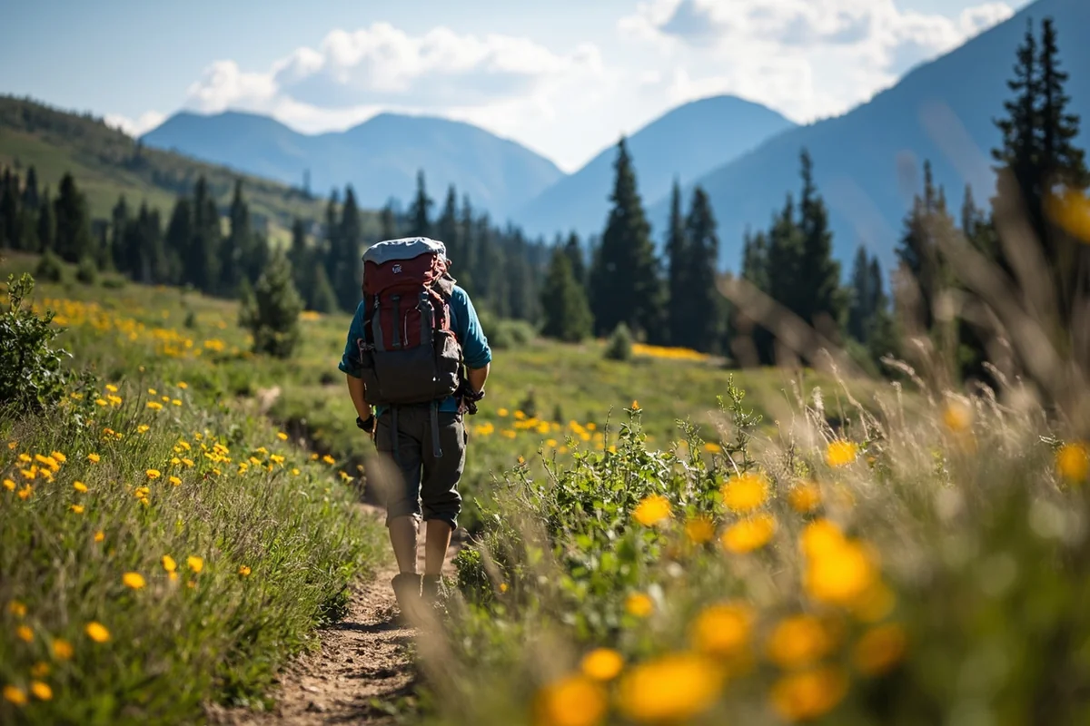Hiker on a remote trail in the Helena-Lewis and Clark National Forest with wildflowers and mountain backdrop