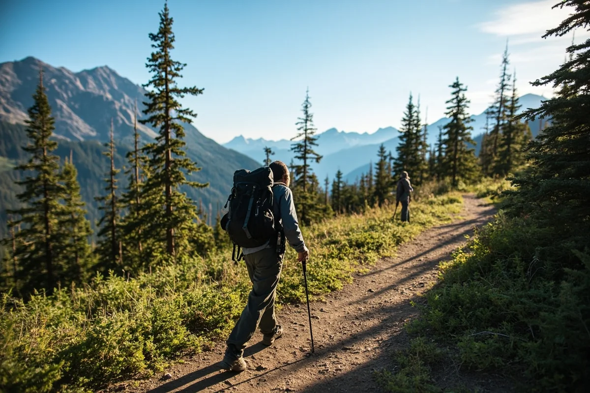 Hiker on a trail in Glacier National Park with mountain backdrop