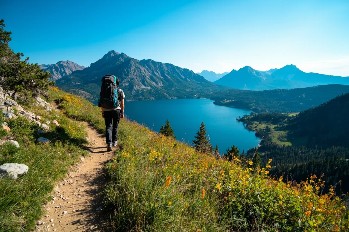 Hiker on a trail overlooking mountain lake with clear blue summer skies in the Beartooth Mountains