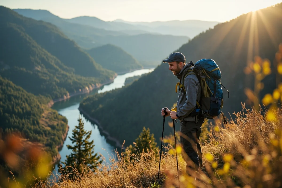 Hiker on Belly River Trail with full daypack and trekking poles