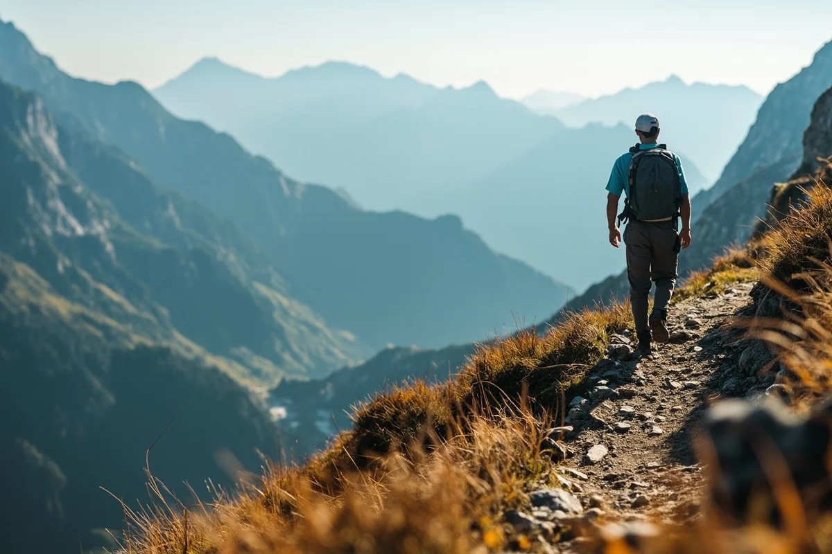 Hiker on exposed alpine trail section with mountain views in background