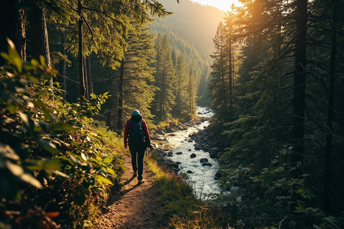 Hiker on forest trail with Monture Creek visible through trees