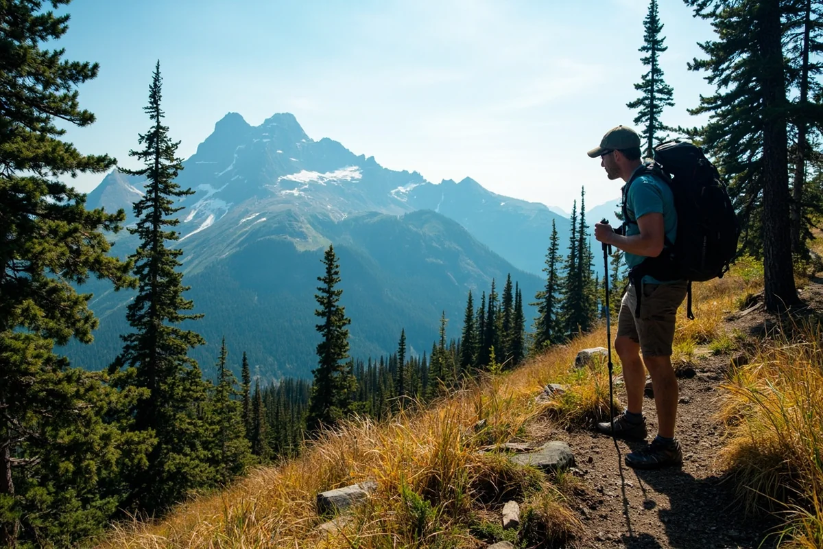 Hiker on Highline Trail in Glacier National Park with mountain vista