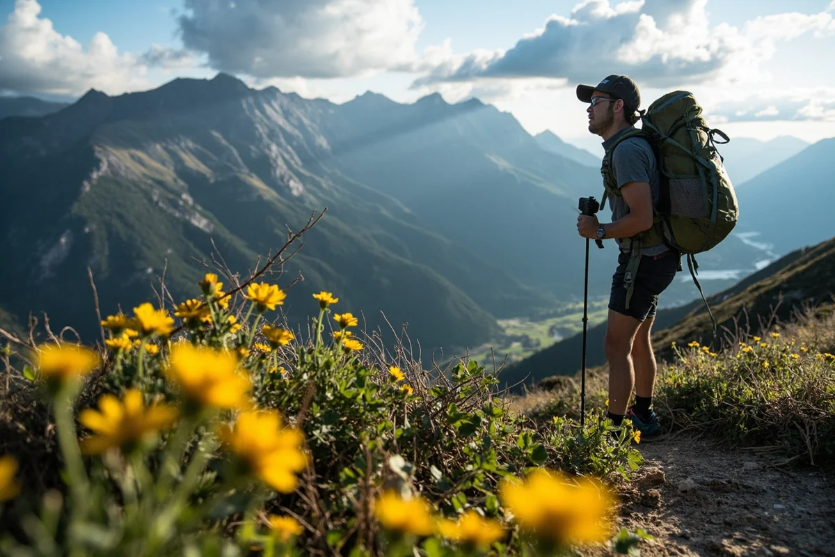Hiker on Highline Trail with dramatic mountain scenery and wildflowers in foreground