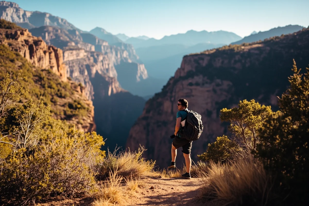 Hiker on Highline Trail with Garden Wall cliffs and distant mountains visible