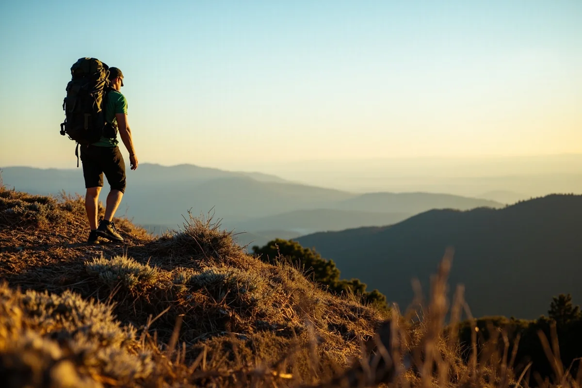 Hiker on Mount Helena trail with panoramic valley views behind them