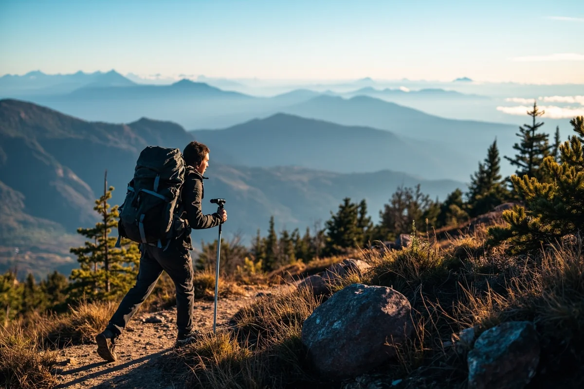 Hiker on the 1906 Trail approaching Mount Helena summit with panoramic mountain views in background
