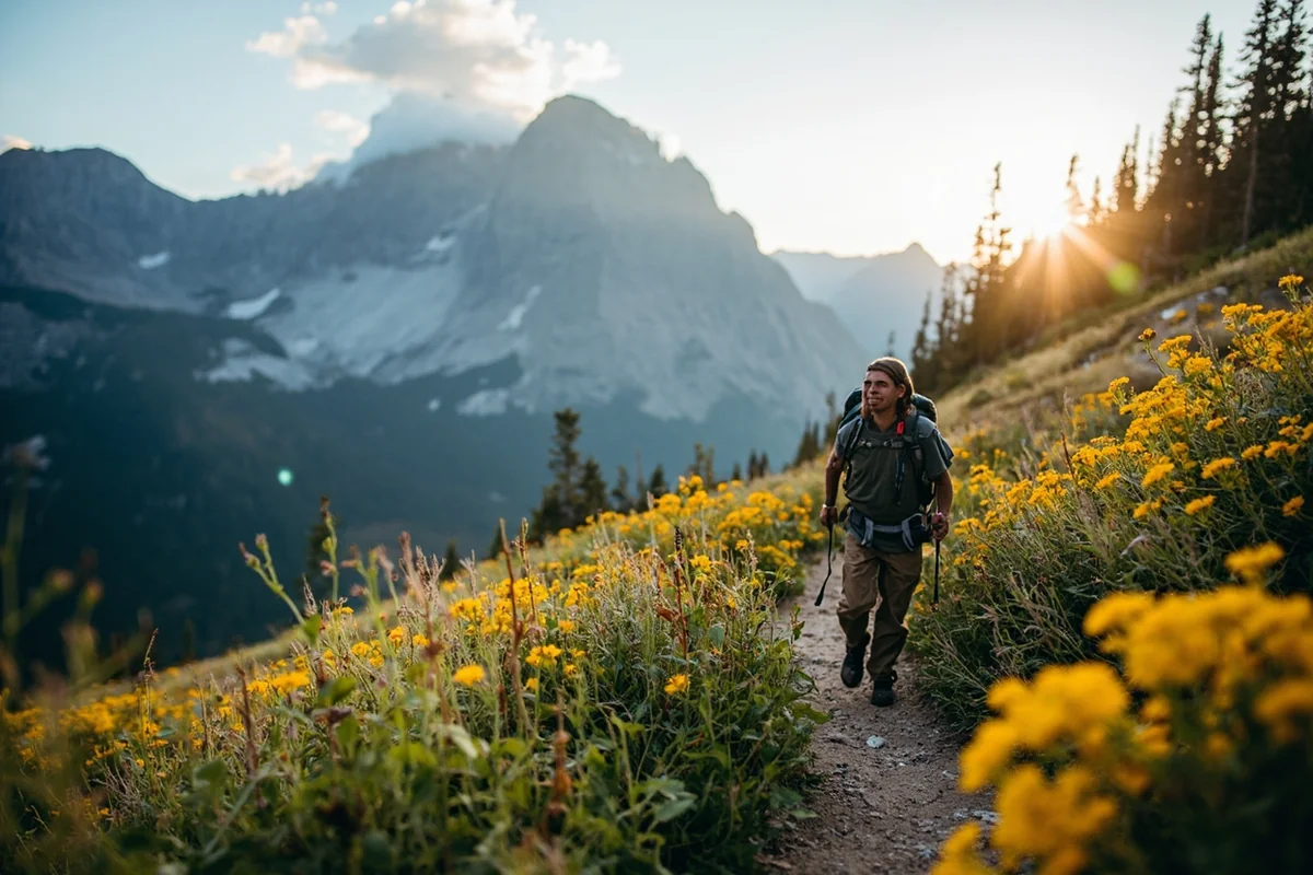 Hiker on the Highline Trail with dramatic mountain backdrop and wildflowers