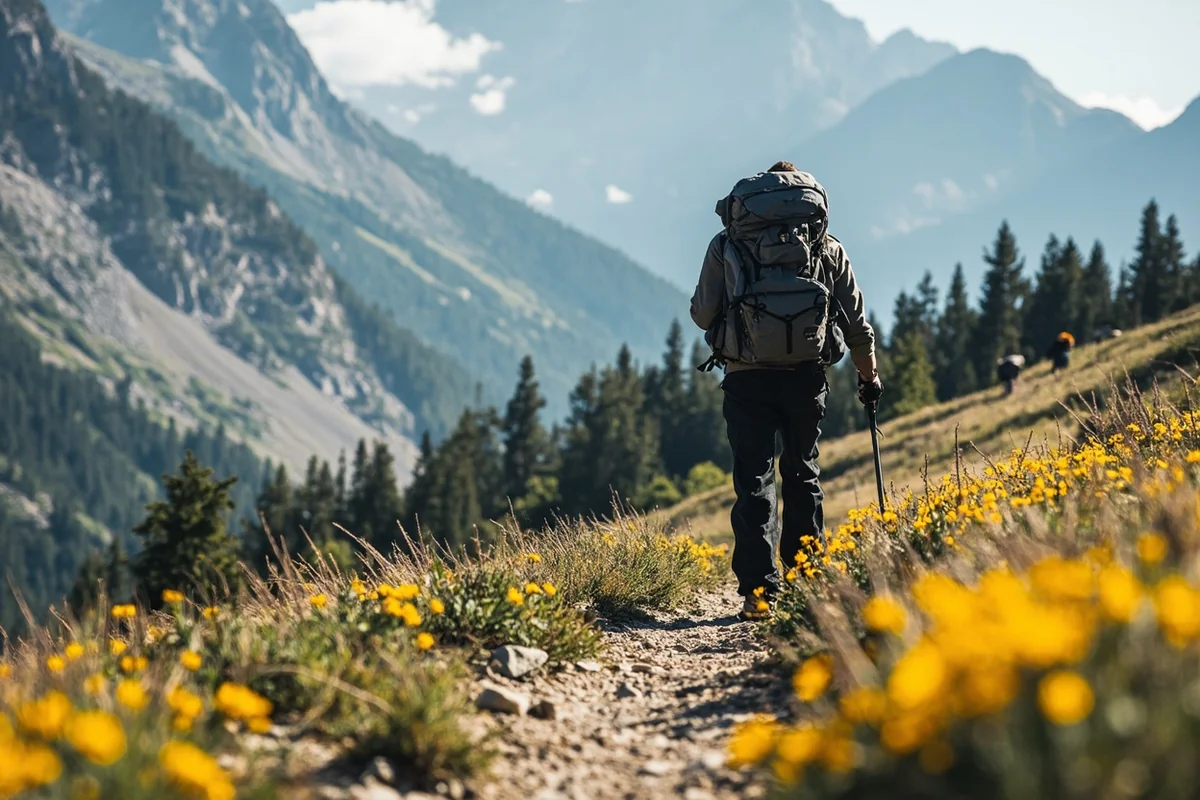 Hiker on the Highline Trail with mountain goats visible on rocky slopes above