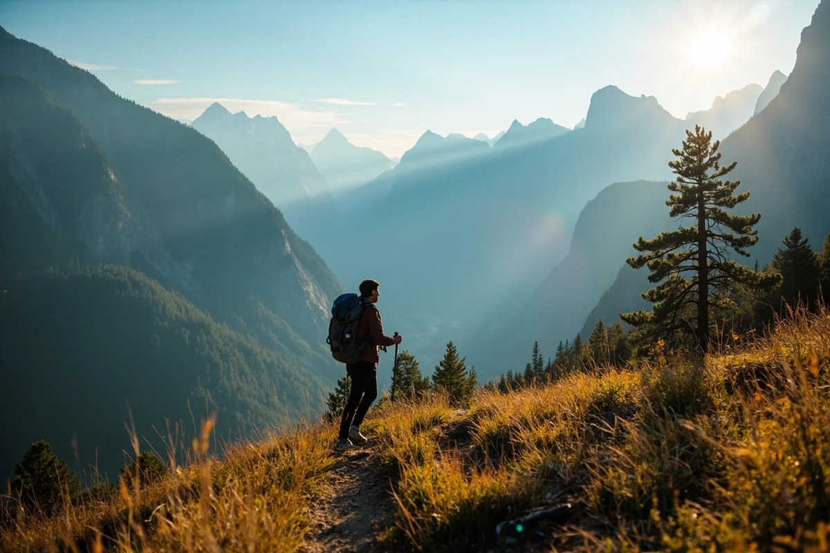 Hiker on trail approaching Mokowanis Valley with dramatic peaks behind