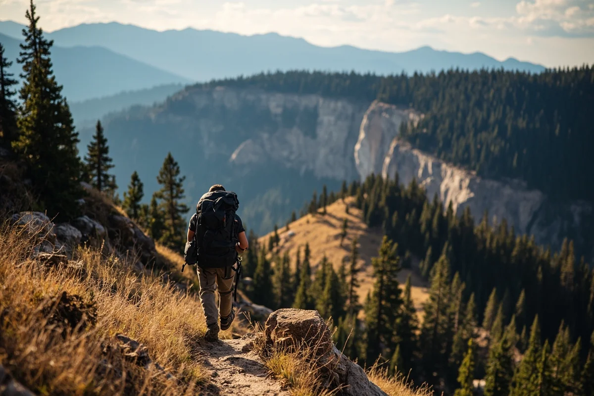 Hiker on trail in Bob Marshall Wilderness with Chinese Wall formation visible