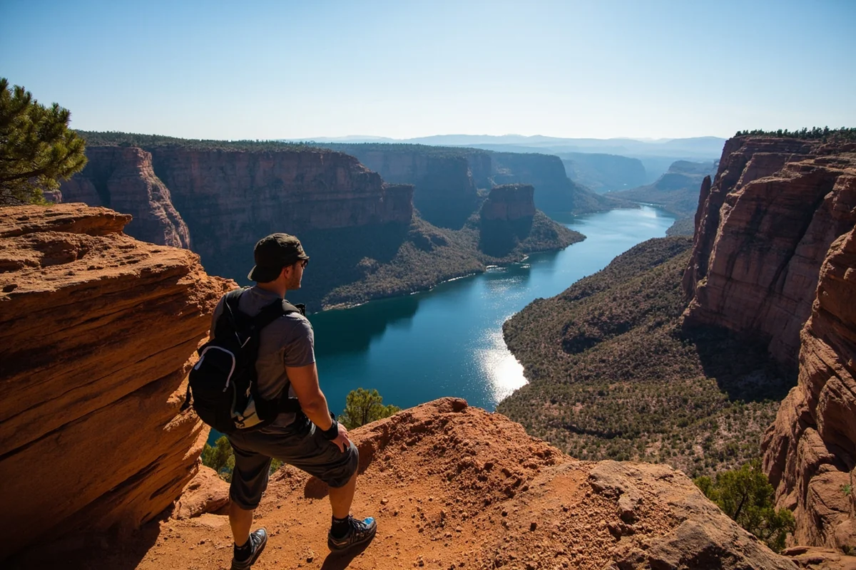 Hiker on trail overlooking the Black Canyon with river visible below