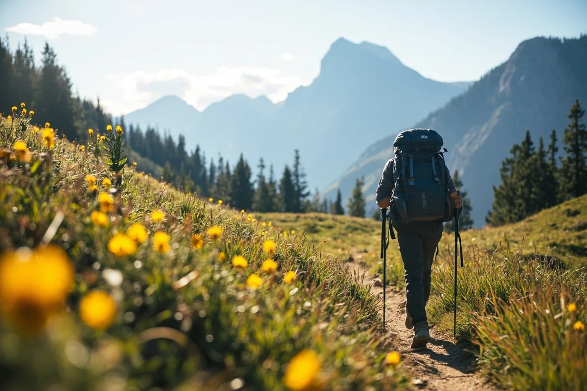 Hiker on trail through alpine meadow with mountain peaks visible in distance