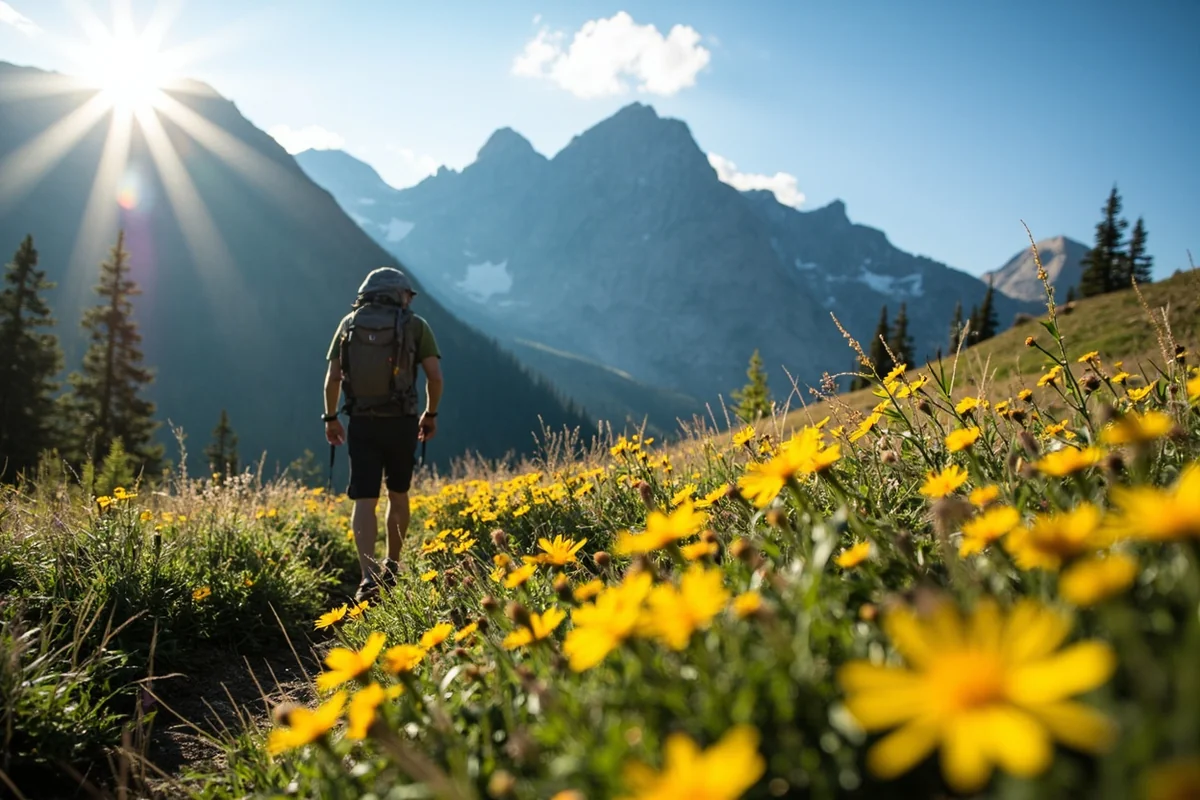 Hiker on trail through alpine meadow with wildflowers and mountain backdrop