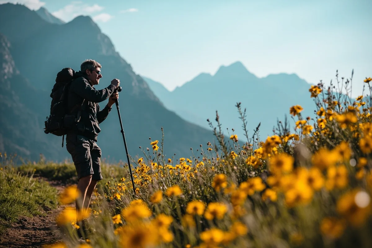 Hiker on trail with wildflowers in foreground and mountain backdrop
