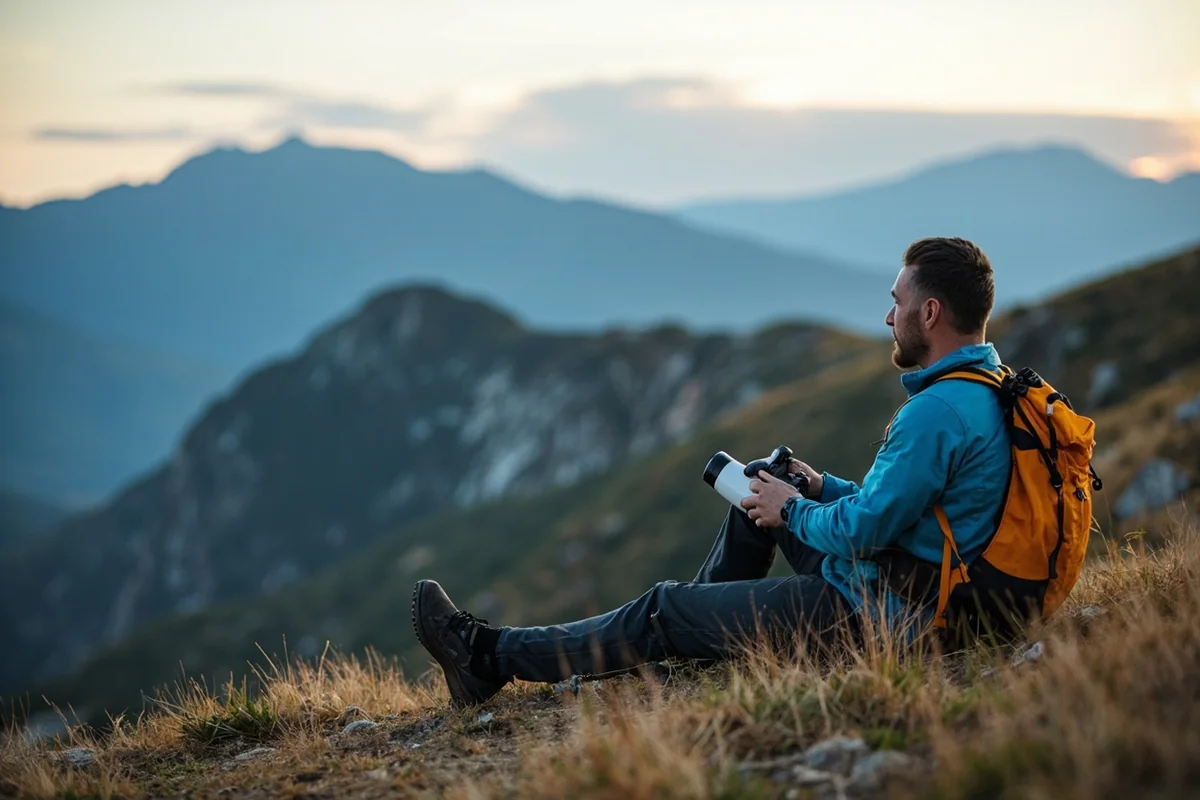 Hiker pausing to rest on high-elevation trail with water bottle and mountain views