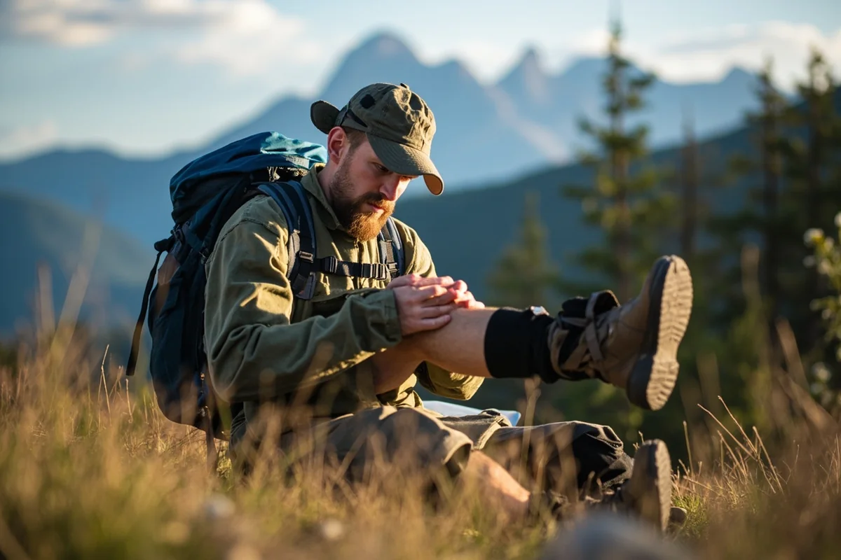 Hiker performing a tick check on their leg with Montana mountain backdrop