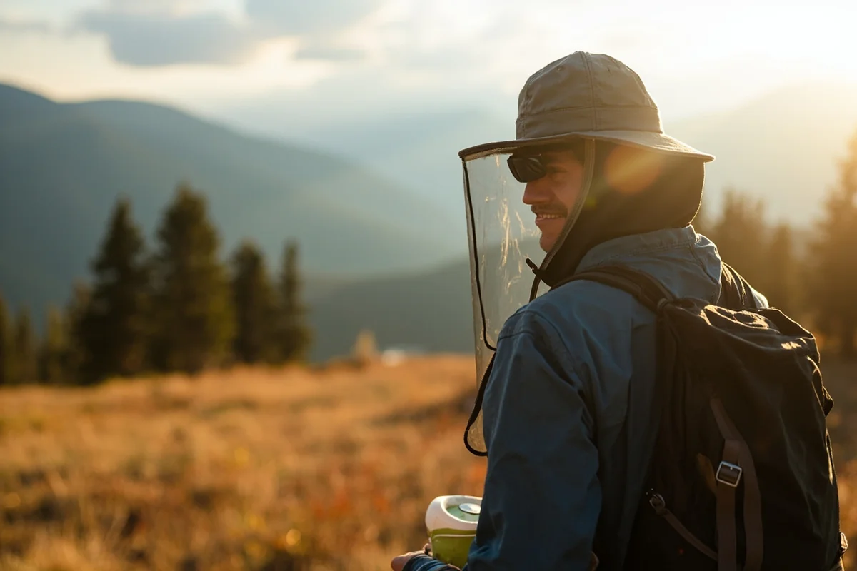 Hiker properly dressed for Montana bug protection with treated clothing and applied repellent