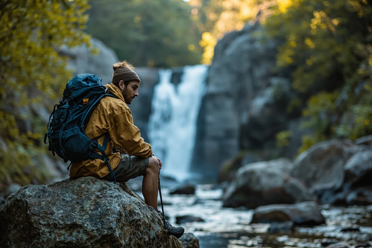 Hiker resting on boulder near Salamander Falls with daypack and trekking poles