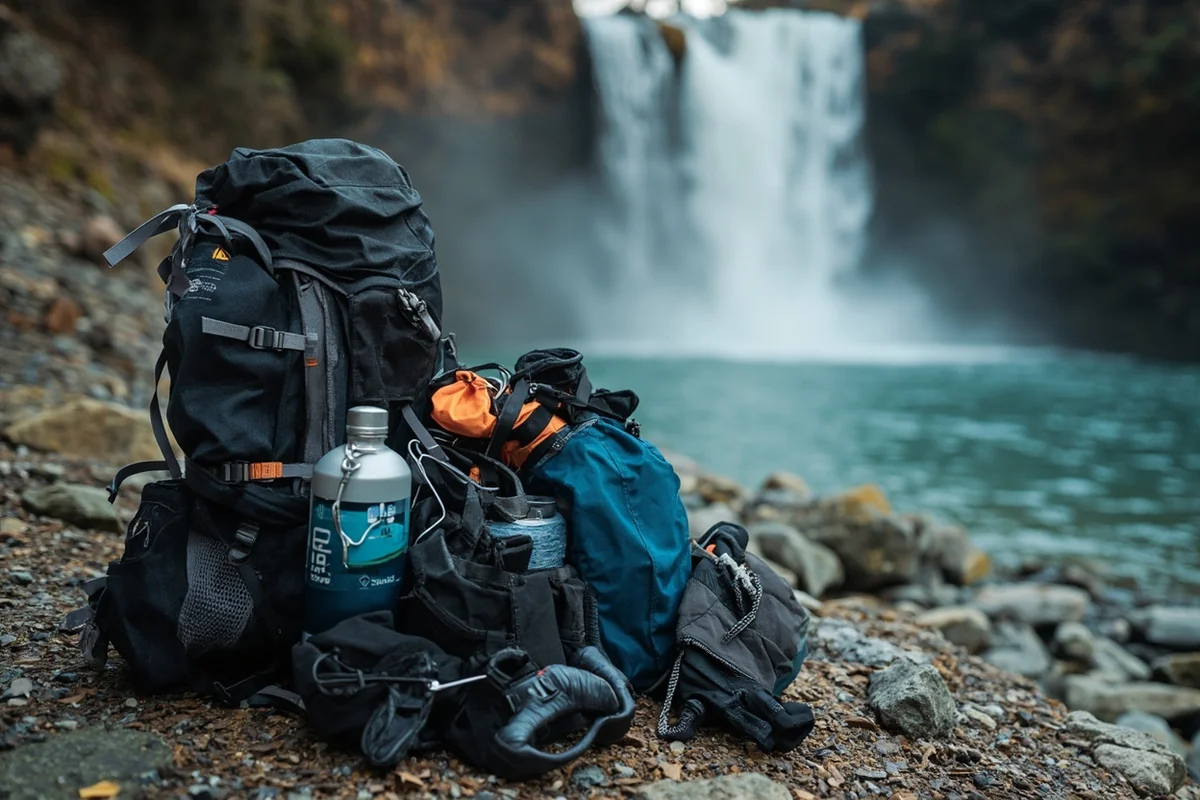 Hiker's backpack with gear laid out on rocky surface near falls