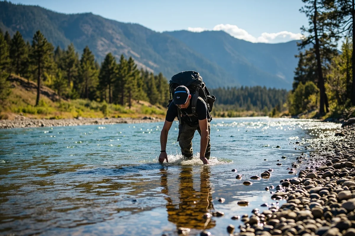 Hiker searching through river gravels along the Yellowstone River during low water conditions