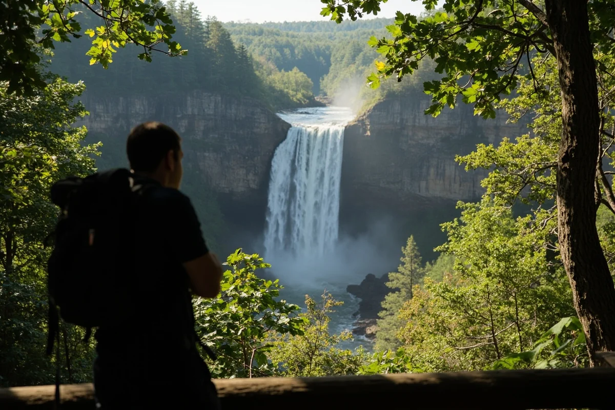 Hiker silhouette viewing Morrell Falls from lower viewing area, showing scale of the waterfall