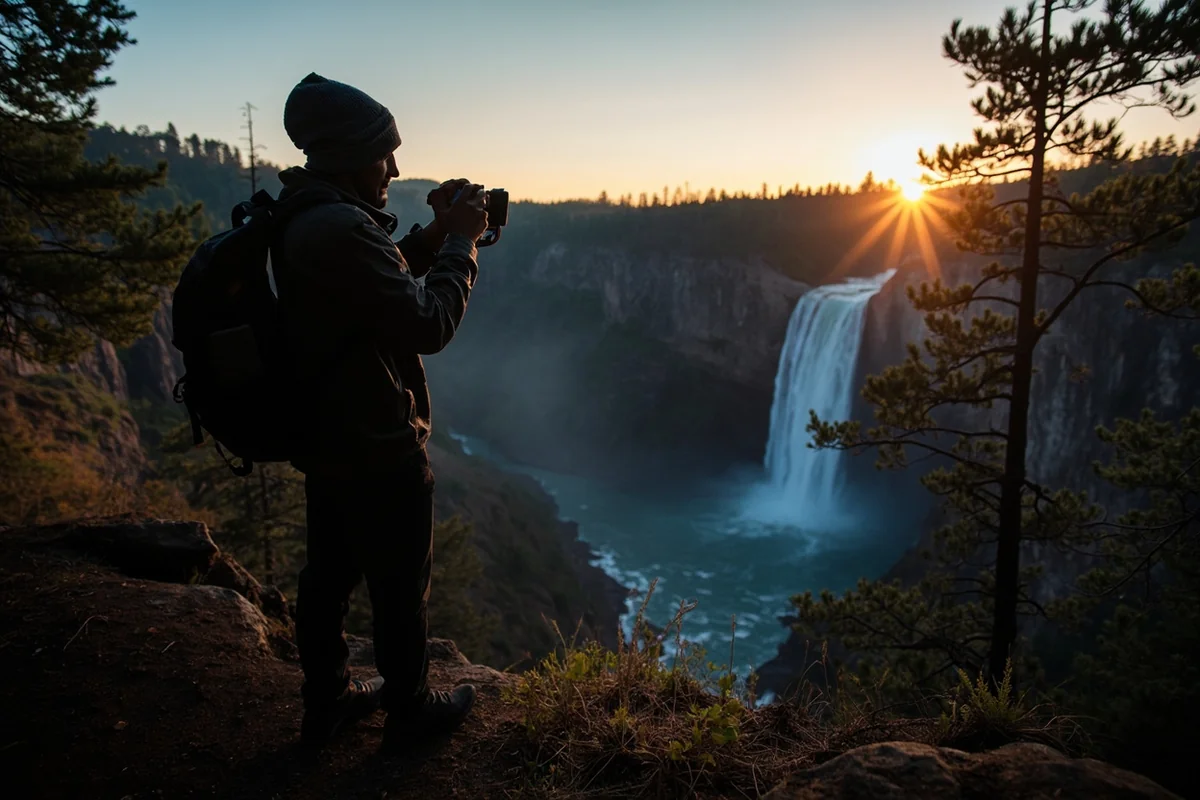 Hiker silhouette viewing Sentinel Falls from designated viewing area