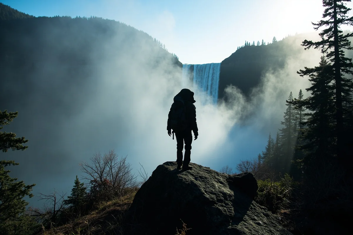 Hiker silhouetted against Ipasha Falls with alpine landscape extending behind