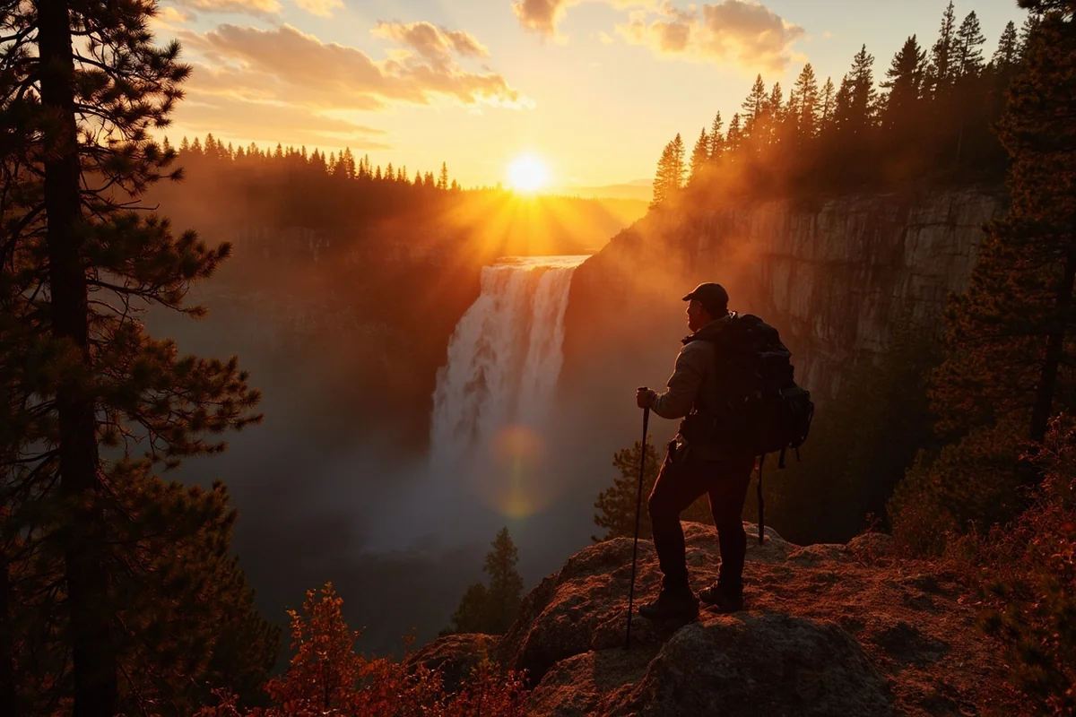 Hiker silhouetted against Morning Eagle Falls at golden hour