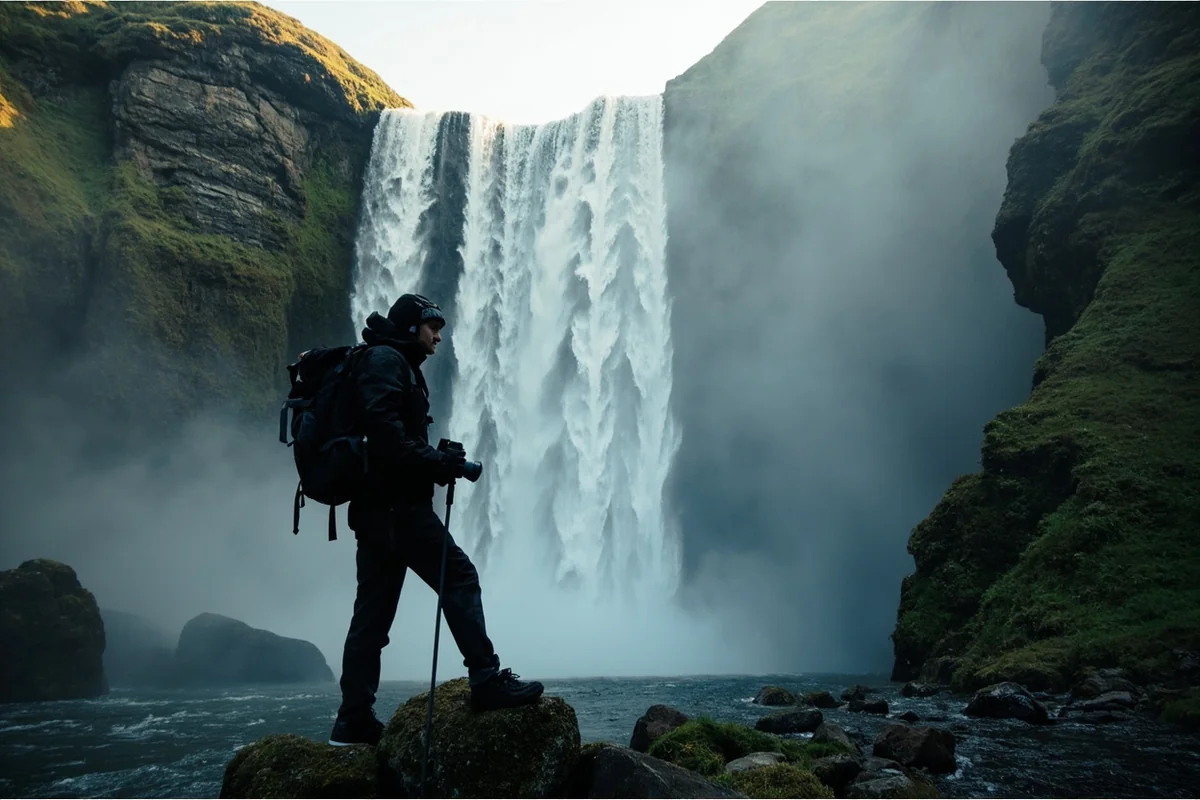 Hiker silhouetted against Raven Quiver Falls, showing scale