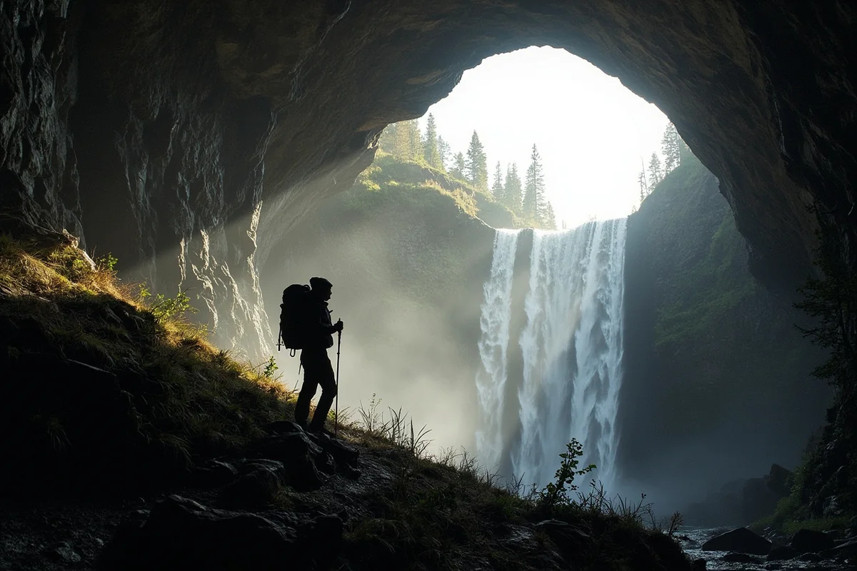 Hiker silhouetted against the dramatic backdrop of the Ptarmigan Wall and Hole In The Wall Falls