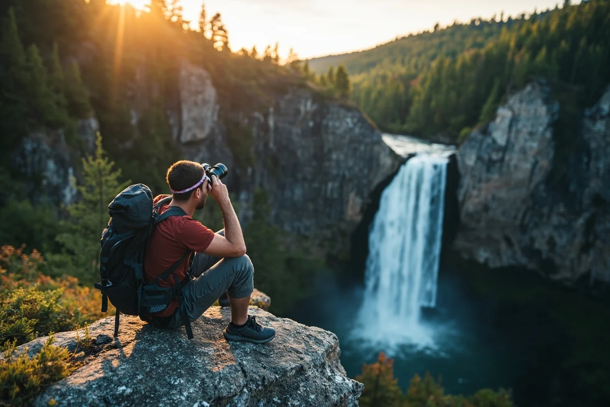 Hiker sitting on rock outcrop enjoying the view of Needle Falls