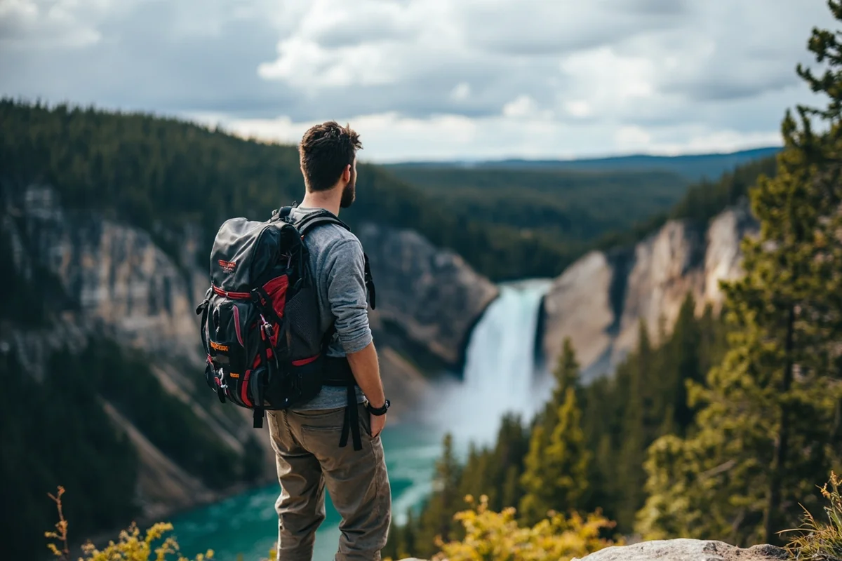 Hiker standing at Kootenai Falls viewpoint with backpack and hiking gear
