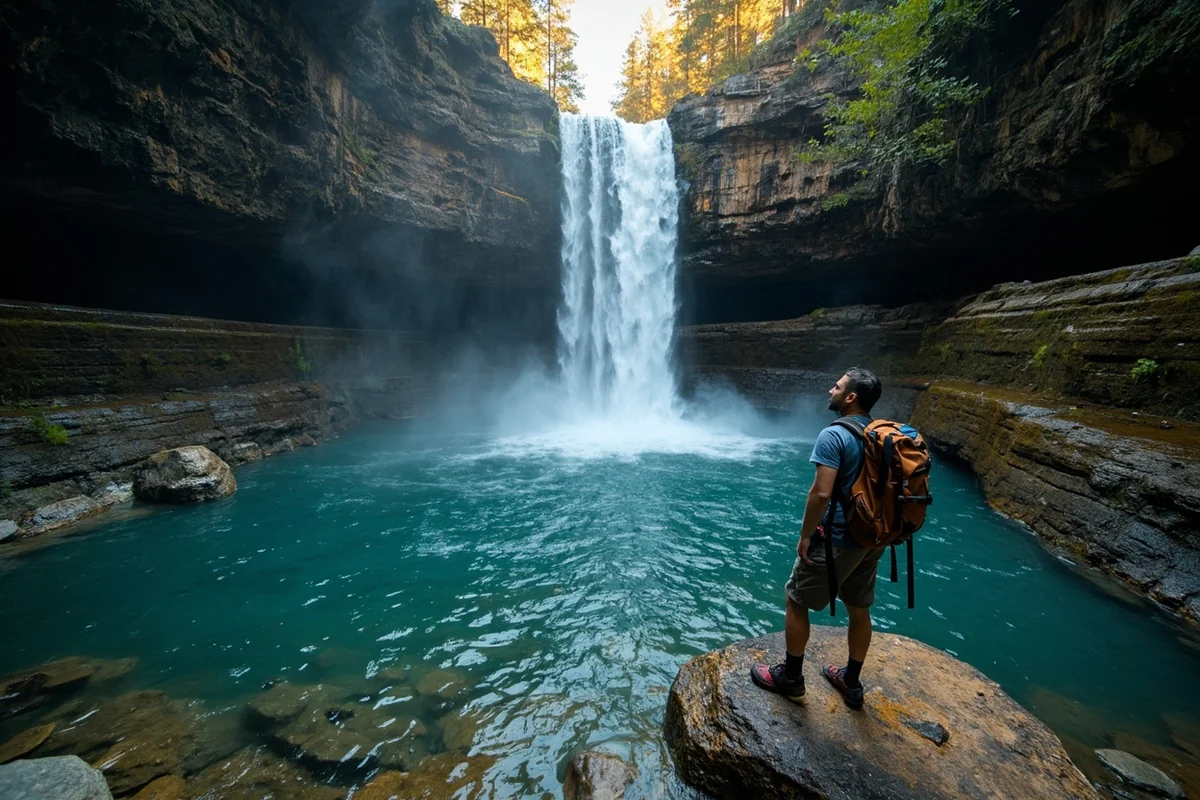 Hiker standing at the edge of Grotto Falls pool, showing scale of the waterfall