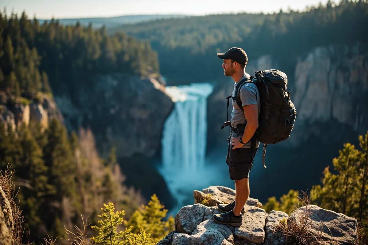 Hiker standing at viewpoint overlooking Pintler Falls with backpack visible