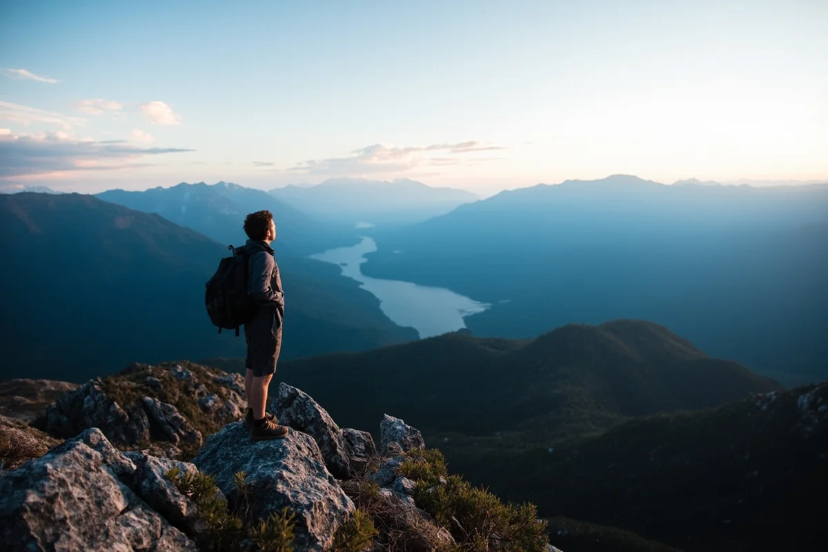 Hiker standing on mountain overlook with dramatic Montana vista stretching to horizon