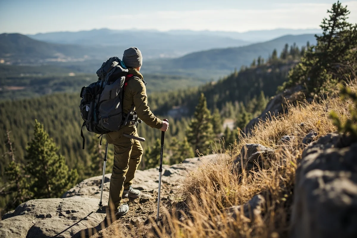 Hiker using trekking poles on rocky Montana trail in rattlesnake habitat