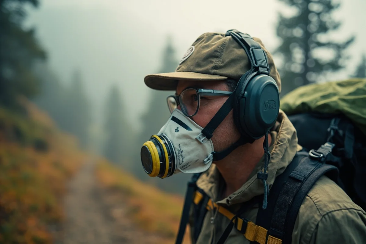 Hiker wearing N95 mask on Montana trail during smoky conditions