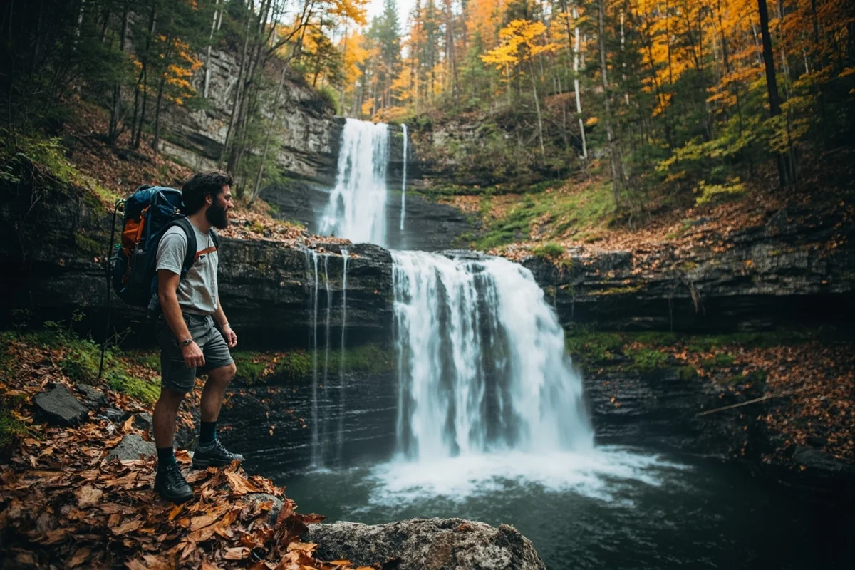 Hiker with backpack standing near the base of Passage Creek Falls for scale
