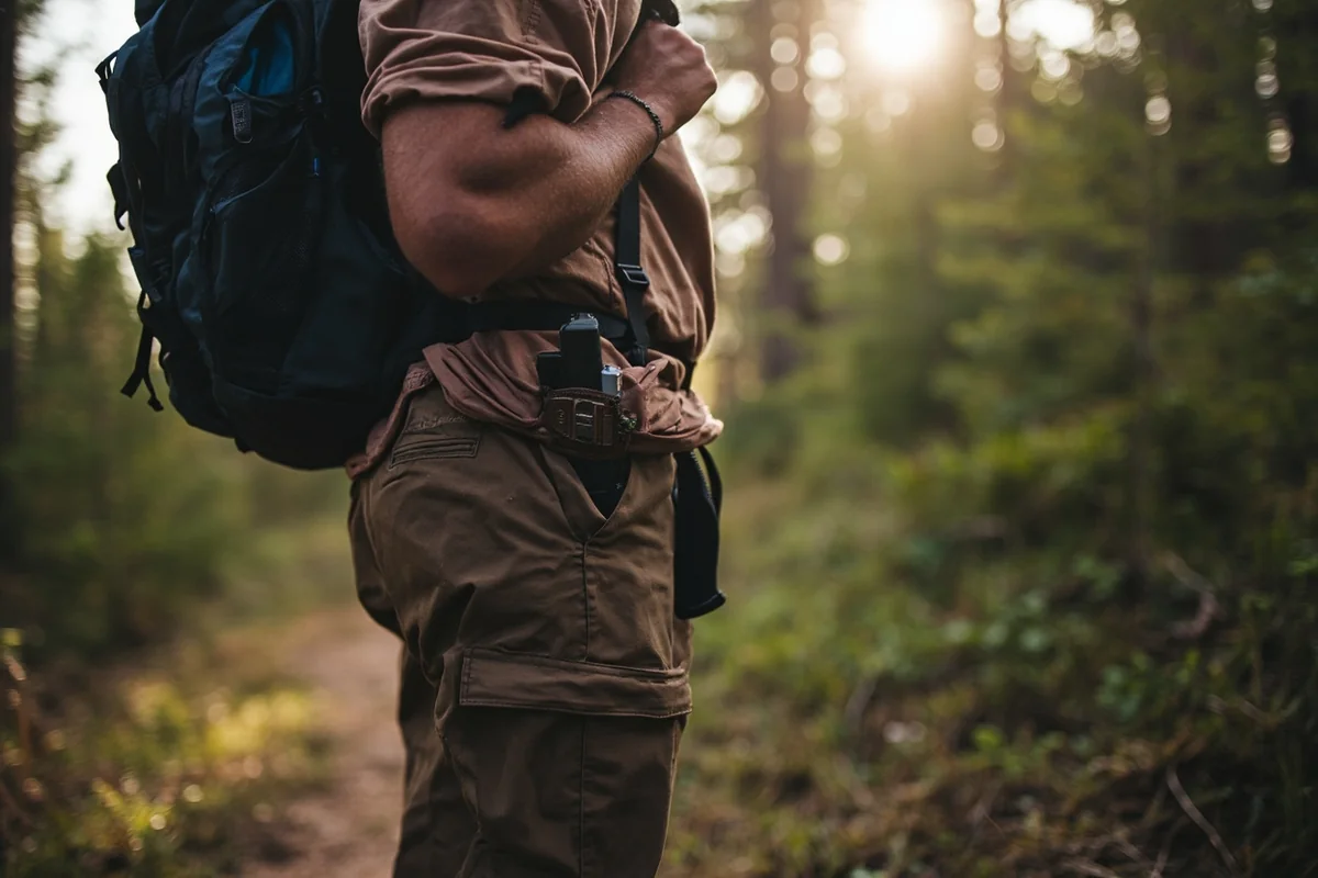 Hiker with bear spray holster on proper trail technique