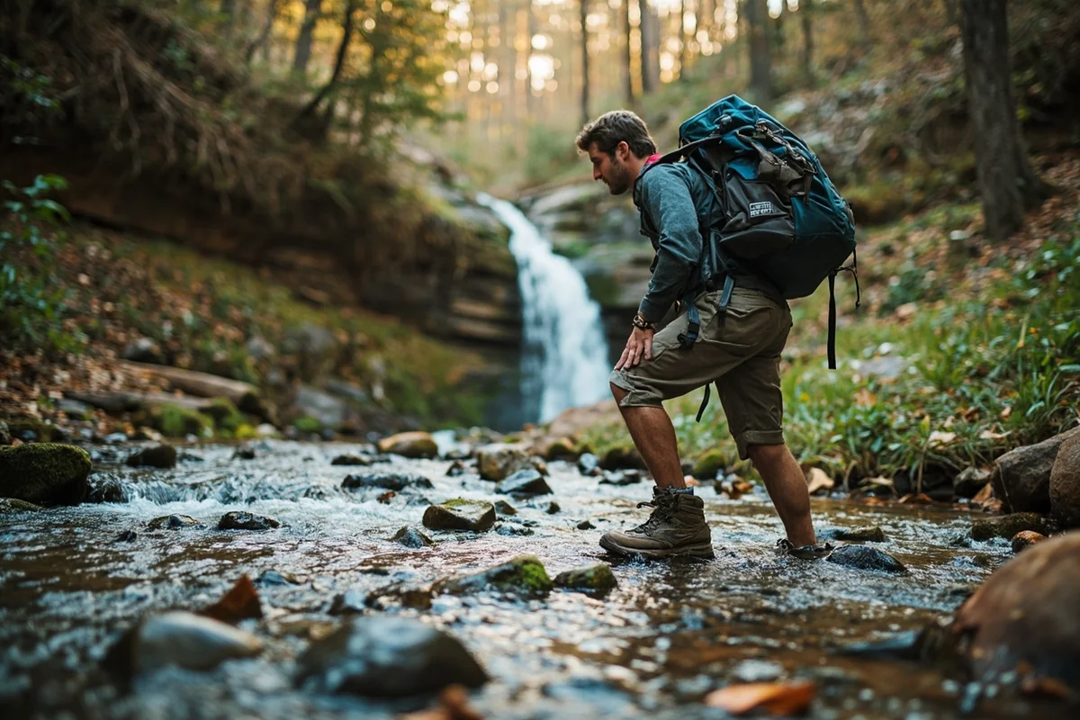 Hiker with full daypack crossing stream near Horsetail Falls, demonstrating proper footwear and gear