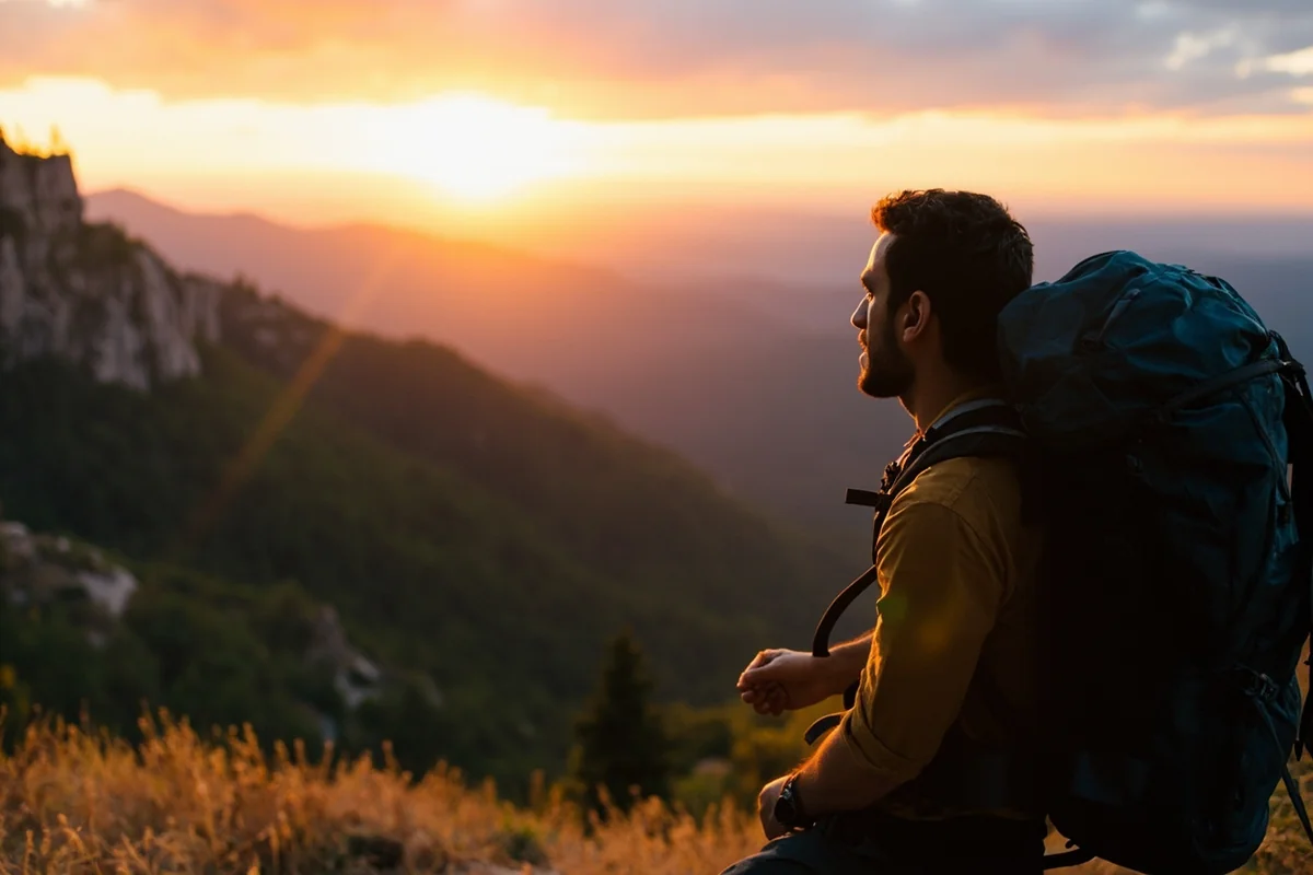 Hiker with well-packed backpack looking out over Montana mountain vista at sunset