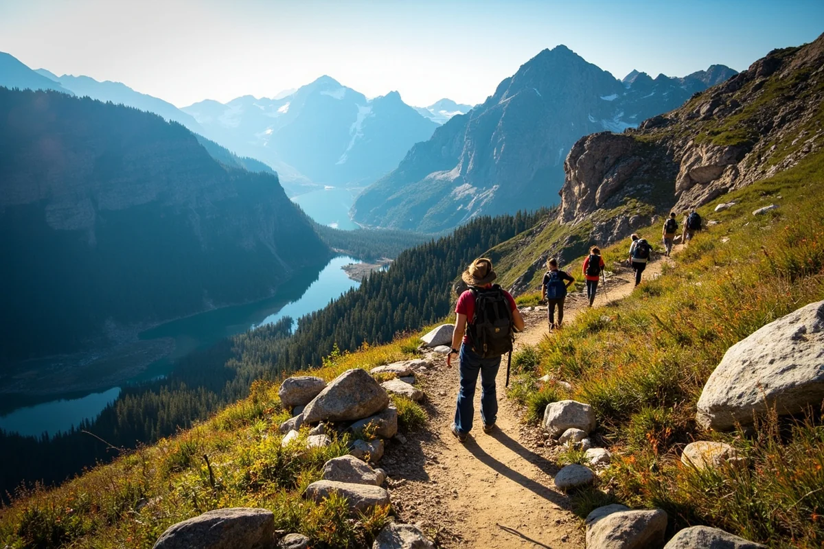 Hikers ascending the Ptarmigan Tunnel Trail with mountain peaks in the background