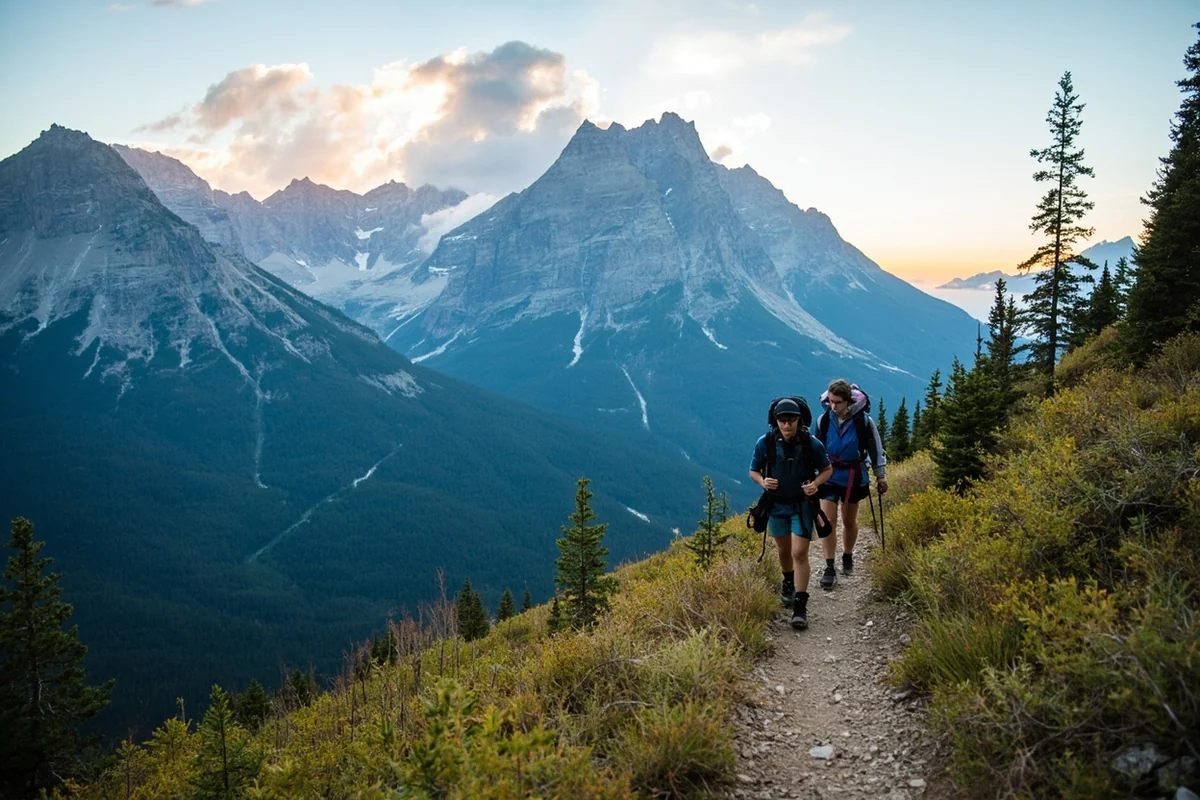 Hikers on a high-elevation trail in Glacier National Park with dramatic mountain scenery