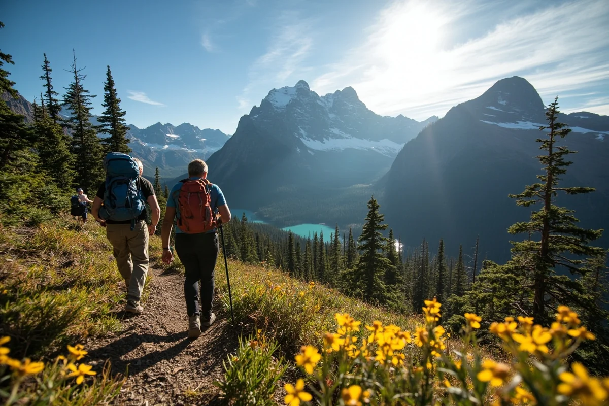 Hikers on a trail in Glacier National Park with mountain vista in background