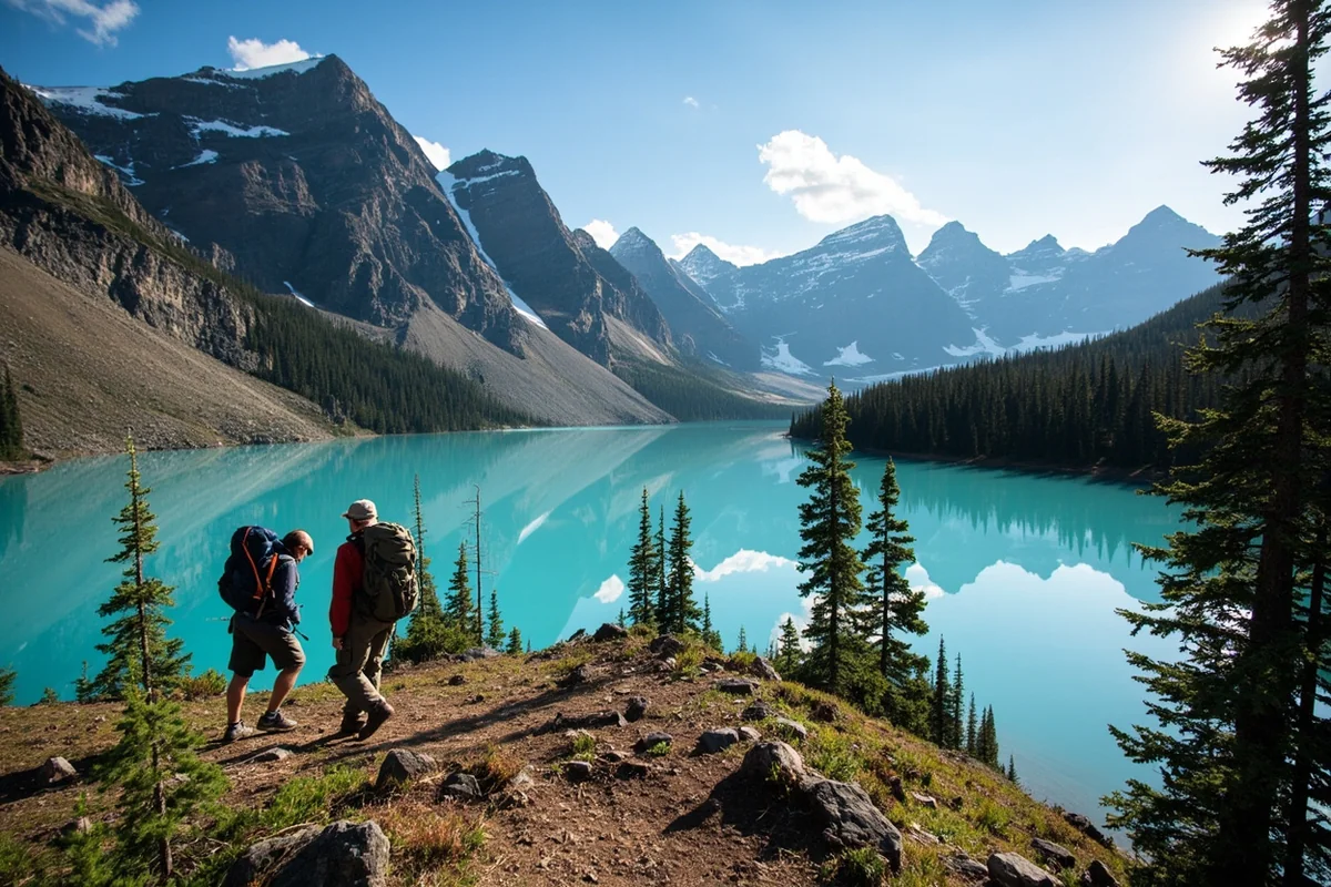 Hikers on Grinnell Glacier trail with turquoise glacial lake in background