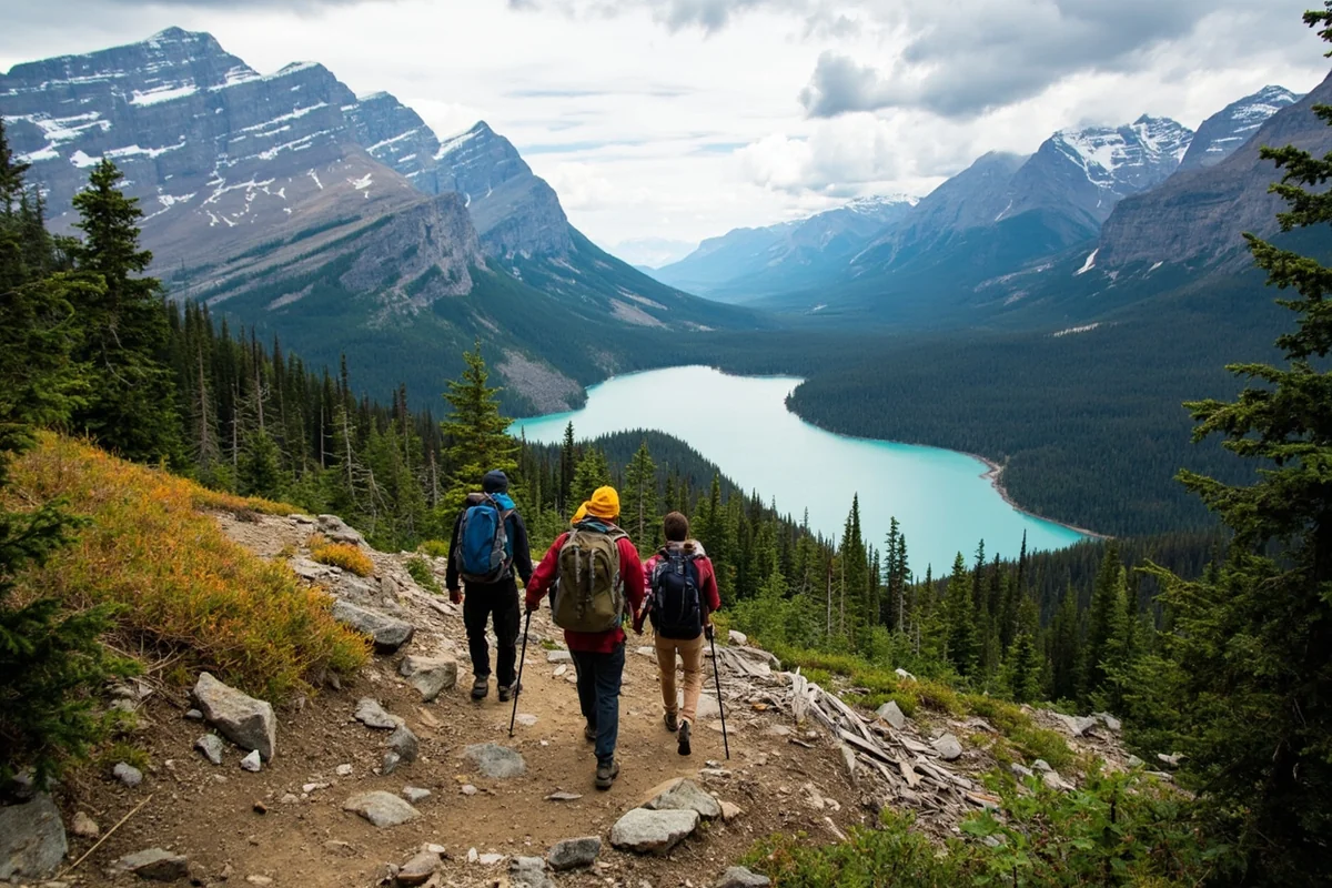 Hikers on trail in Glacier National Park with glacial lake visible below