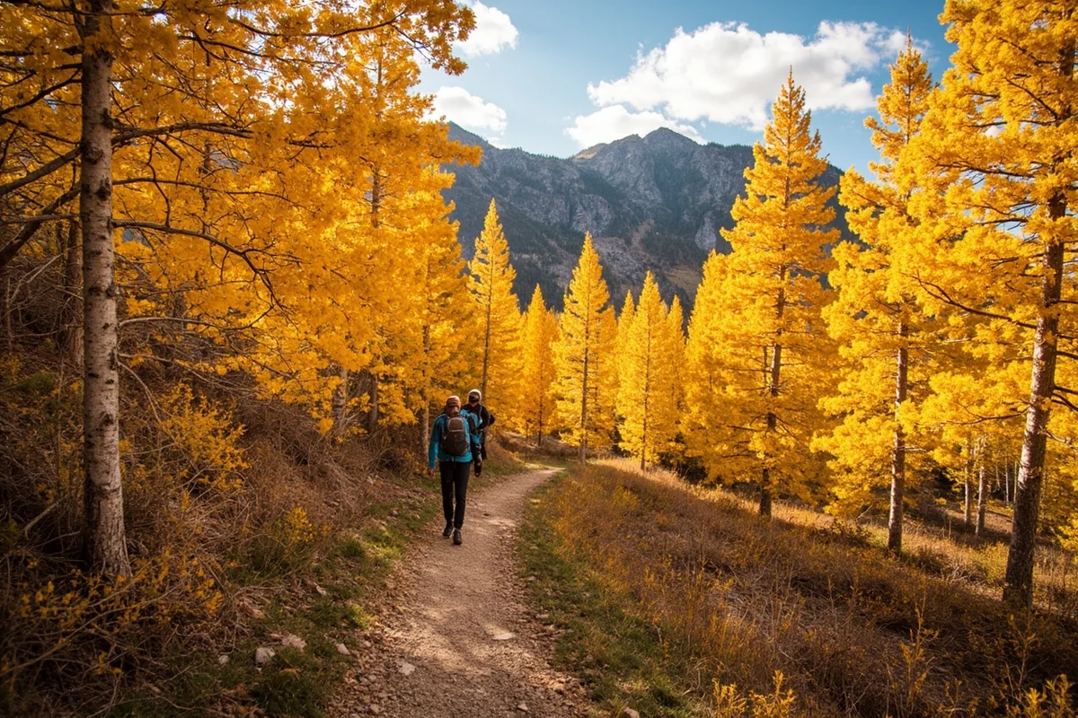 Hikers on trail surrounded by golden larch trees in Seeley-Swan Valley