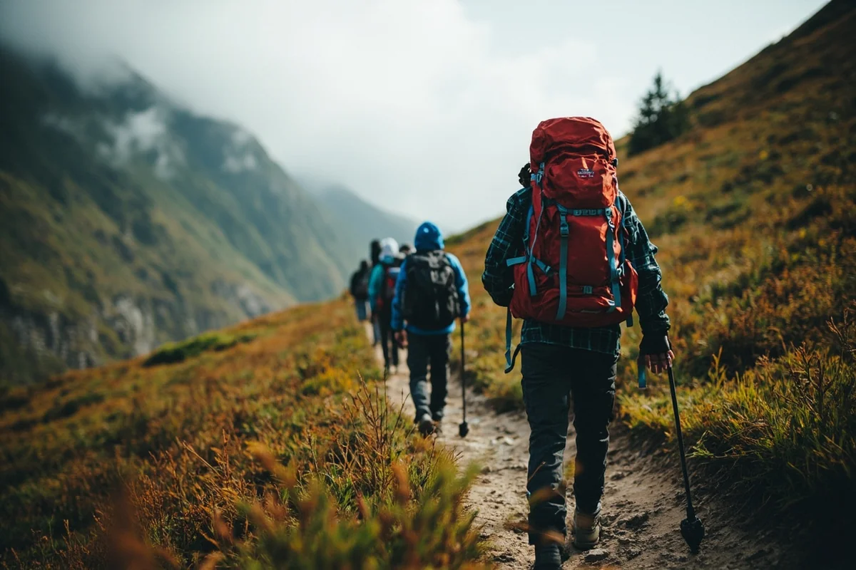 Hikers on trail with varying weather conditions visible