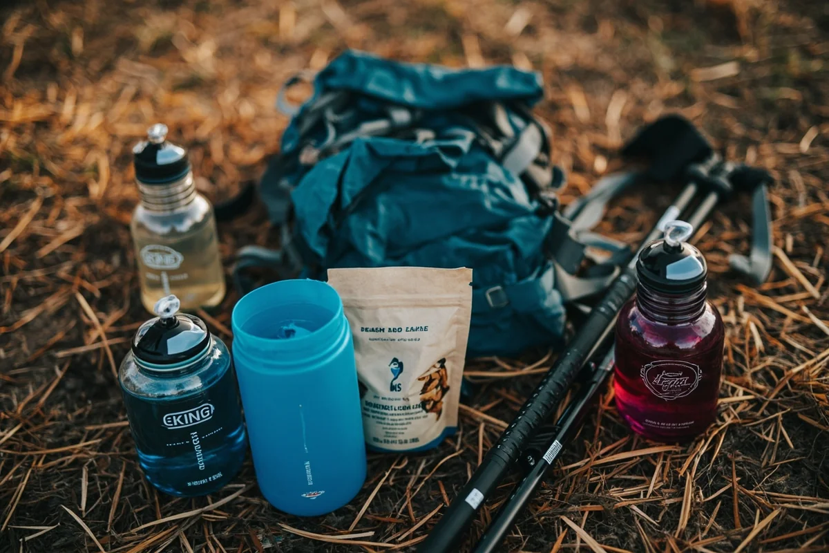 Hiking backpack with gear laid out including water bottles, snacks, and hiking poles
